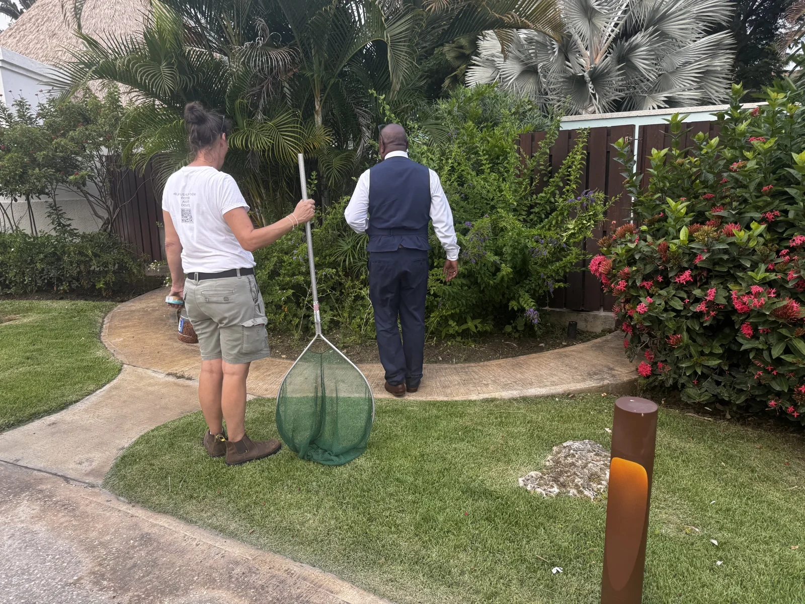 Adults carrying cat-catching equipment through a hospitality property