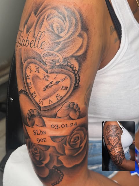 Rose, clock and lettering tattoo by Bamz