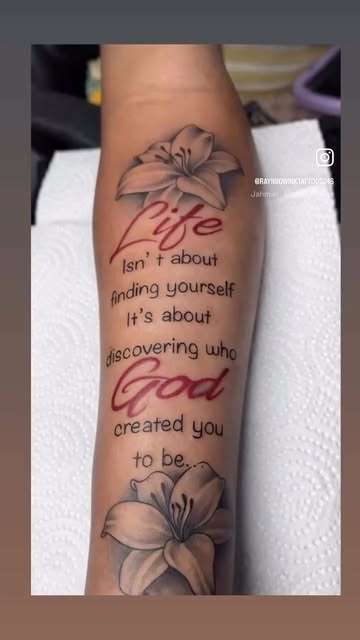 Lily and inspirational lettering tattoo by Bamz